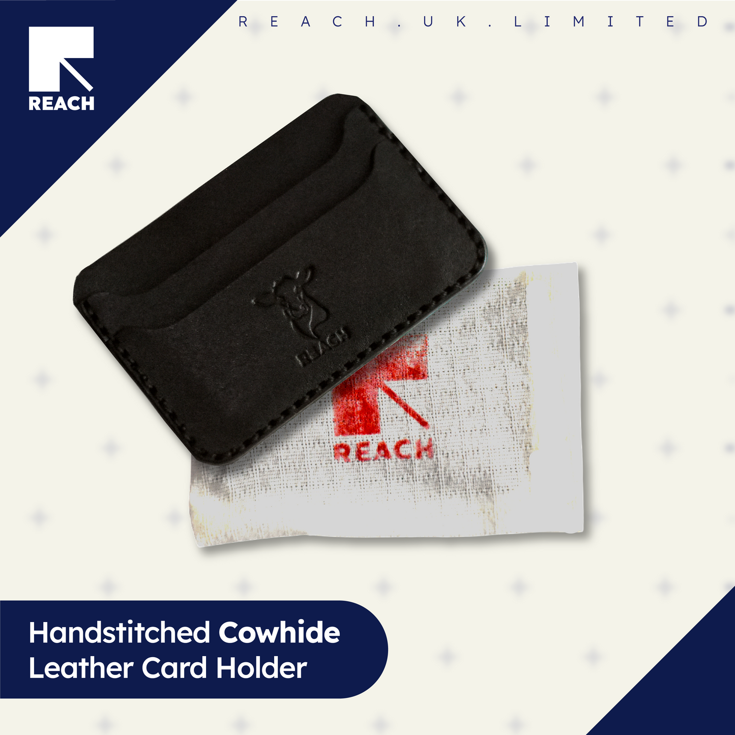 Handstitched cowhide leather card holder with Reach logo on a white background