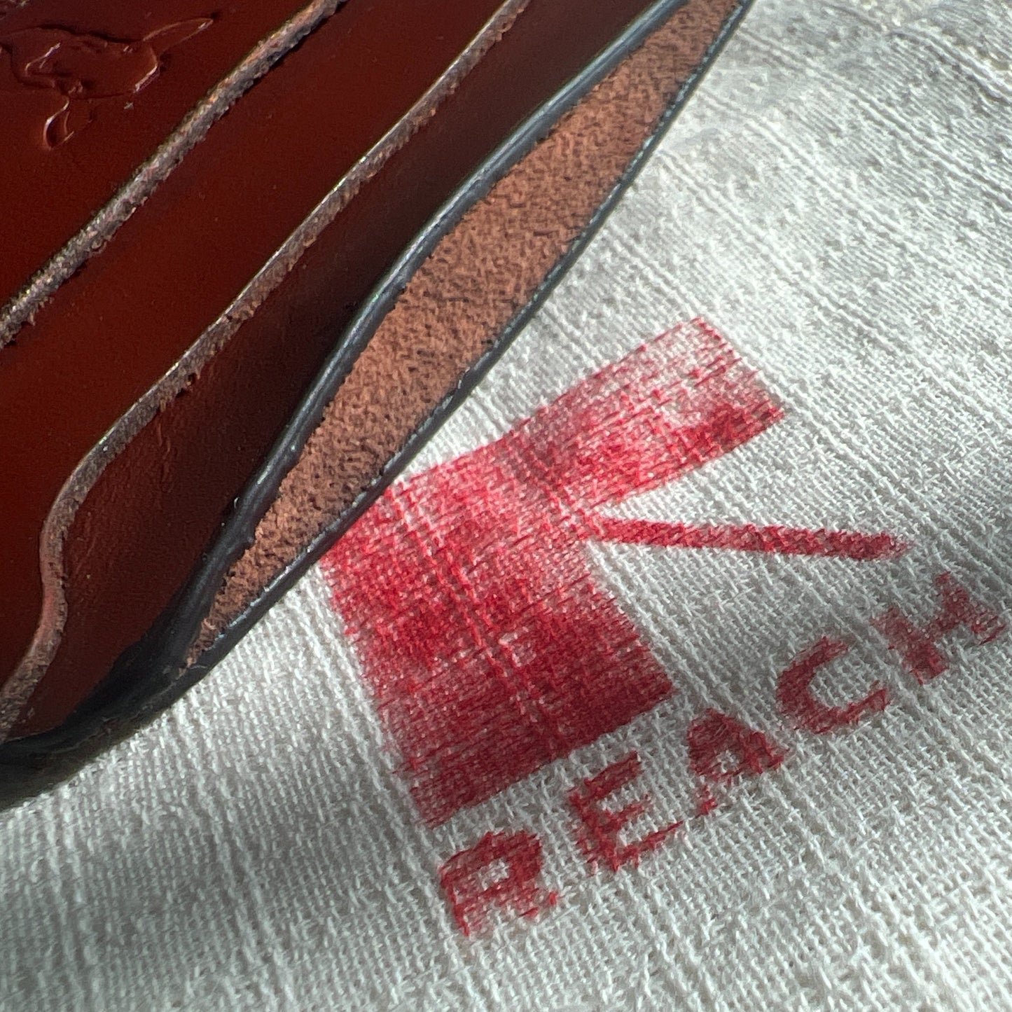 Red 'REACH' logo on a white sock with a brown object partially covering it.