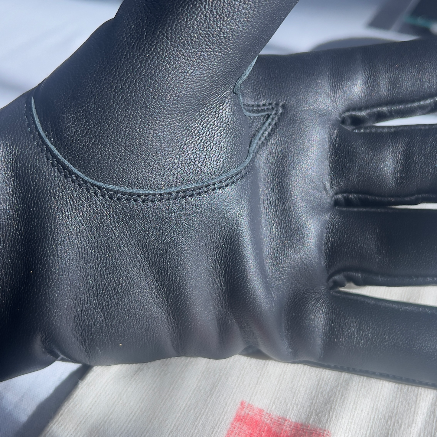 Black leather glove on a white surface with a red 'REACH' logo.