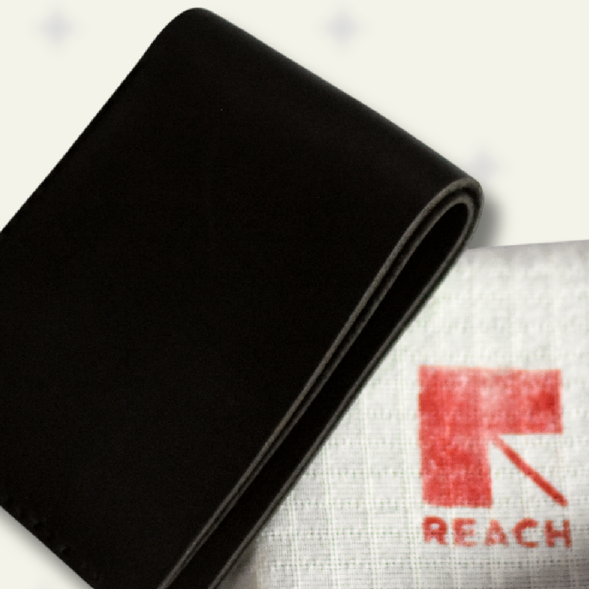 Black leather wallet on a white background with a red 'REACH' logo.