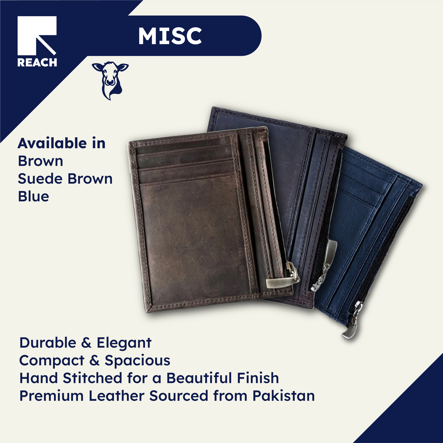 Leather wallets in brown, suede brown, and blue with Reach brand logo on a white background.