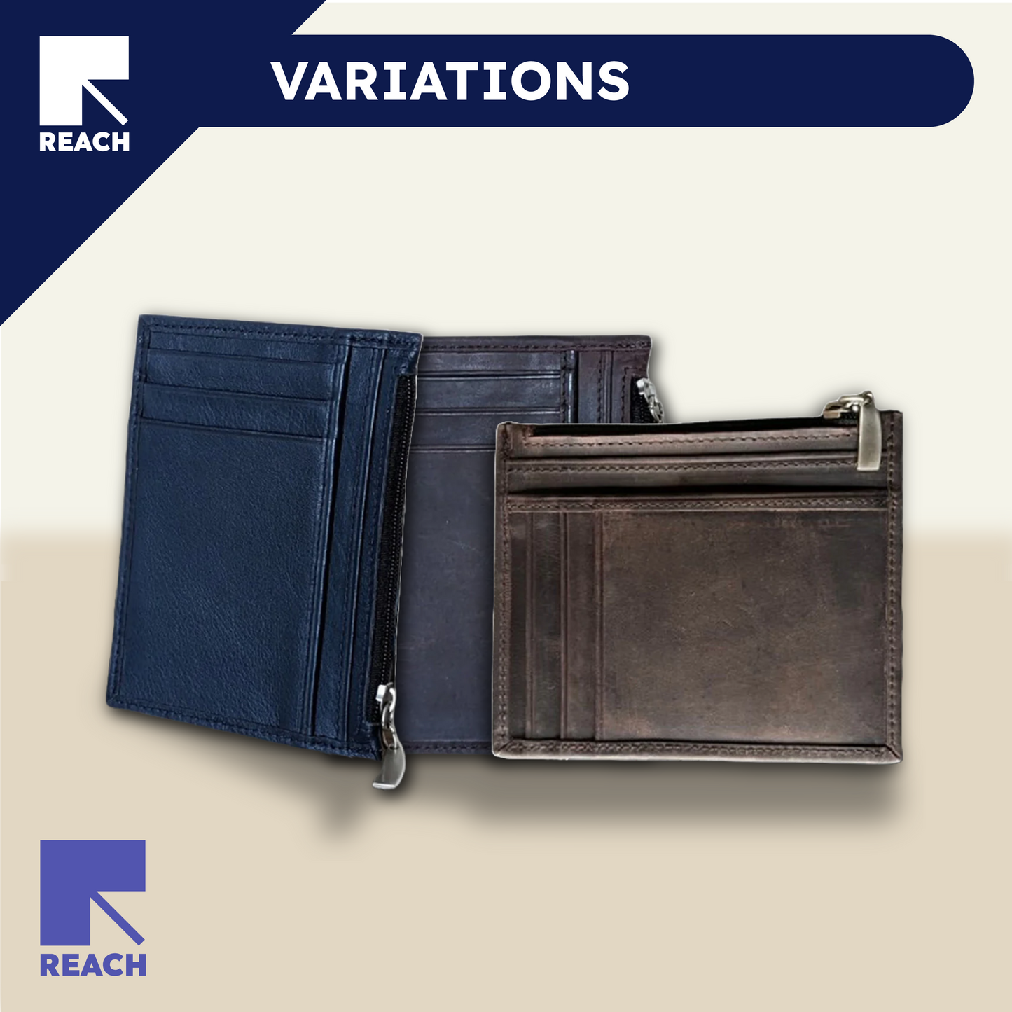 Two leather wallets, one blue and one brown, with 'REACH' branding on a gradient background.