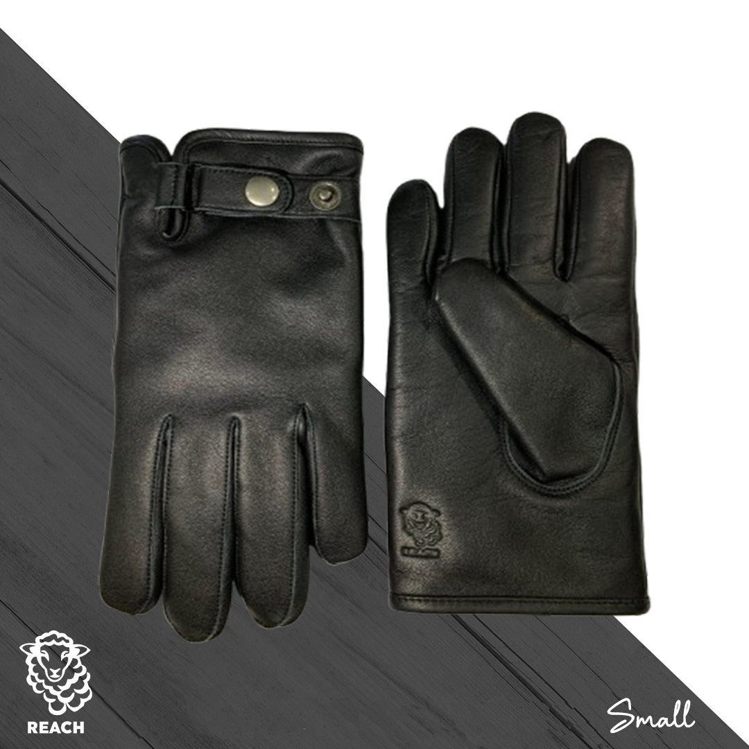 A pair of brown sheepskin leather gloves displayed on a grey background, showing the palm side of the gloves with fastener closure at the wrist.