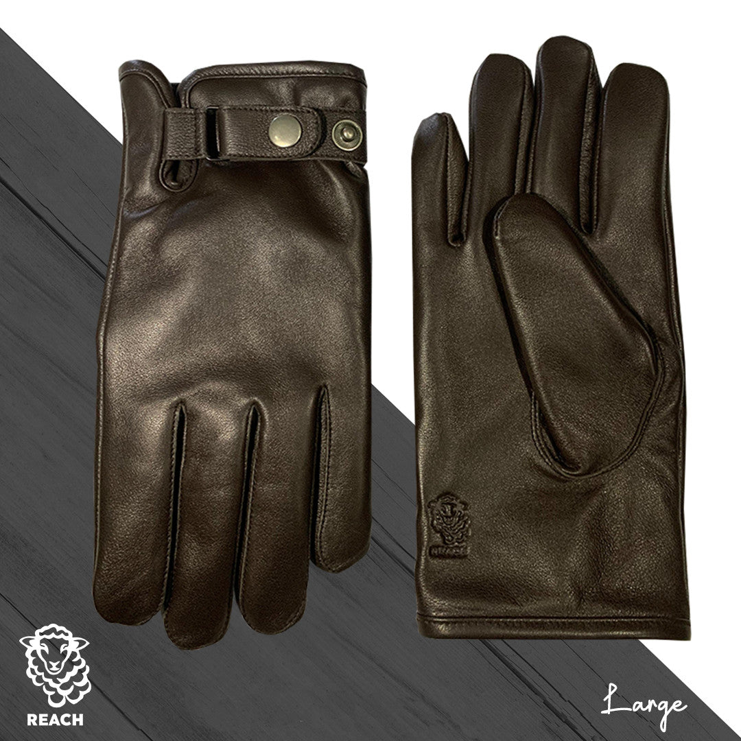 A pair of brown sheepskin leather gloves displayed on a grey background, showing the palm side of the gloves with fastener closure at the wrist.