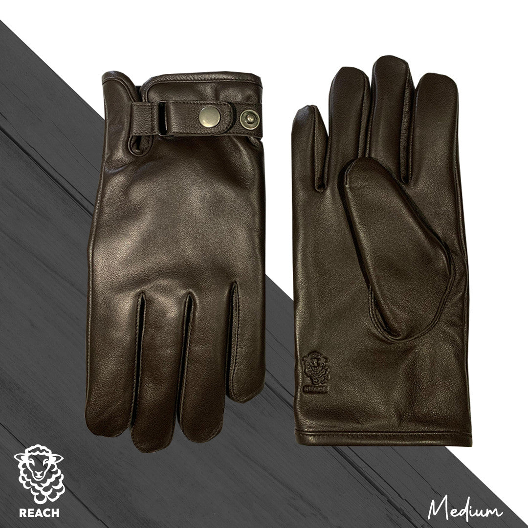 A pair of brown sheepskin leather gloves displayed on a grey background, showing the palm side of the gloves with fastener closure at the wrist.