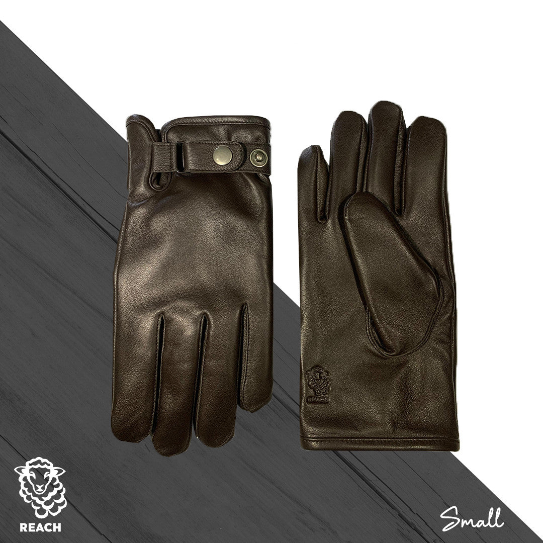 A pair of brown sheepskin leather gloves displayed on a grey background, showing the palm side of the gloves with fastener closure at the wrist.