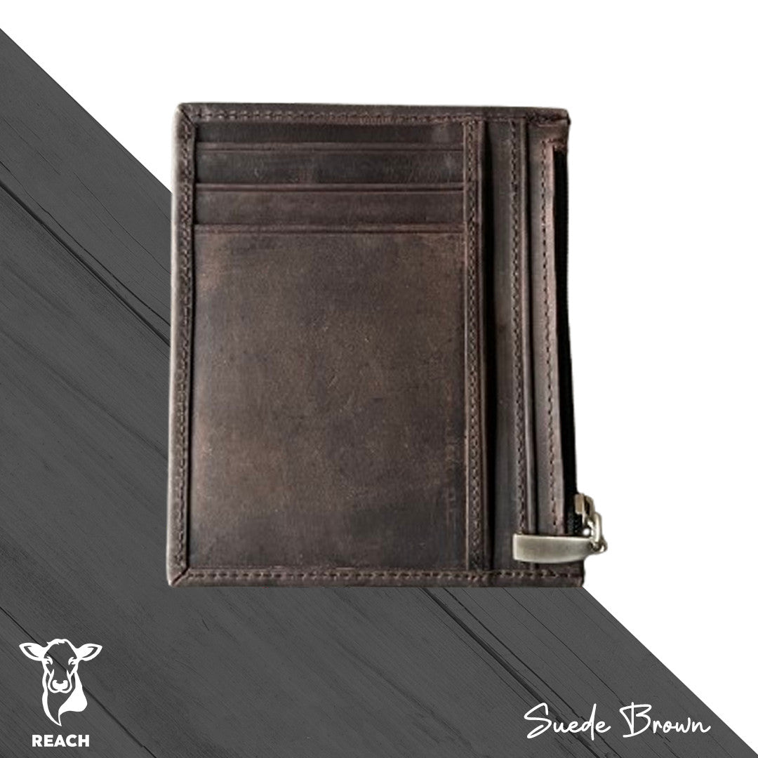 A closed suede brown leather zip wallet, on a grey background with a zippered section visible.