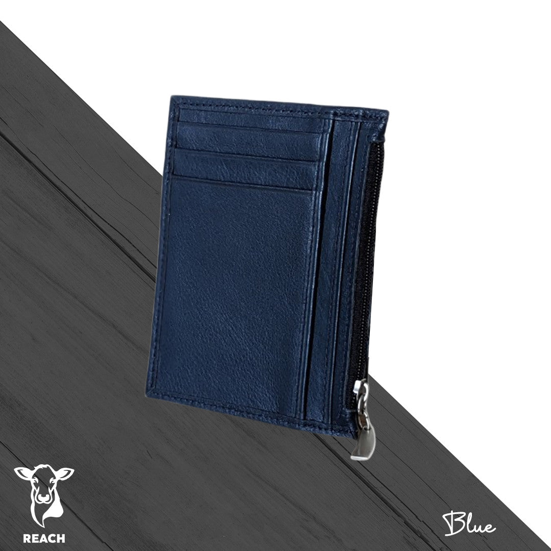 A navy blue leather zip wallet, on a grey background with a zippered section visible.