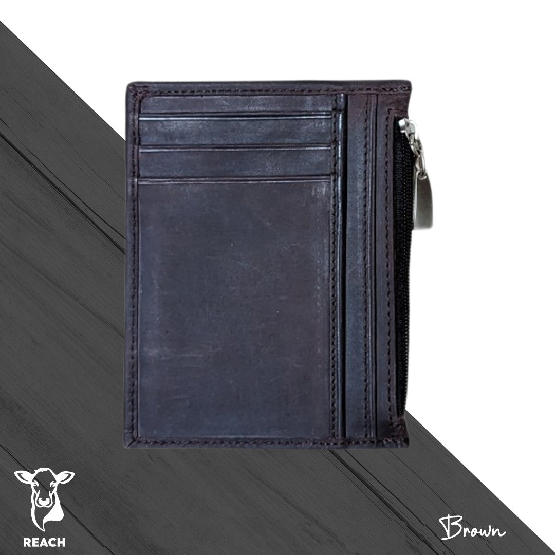 A dark brown leather zip wallet, on a grey background with a zippered section visible.