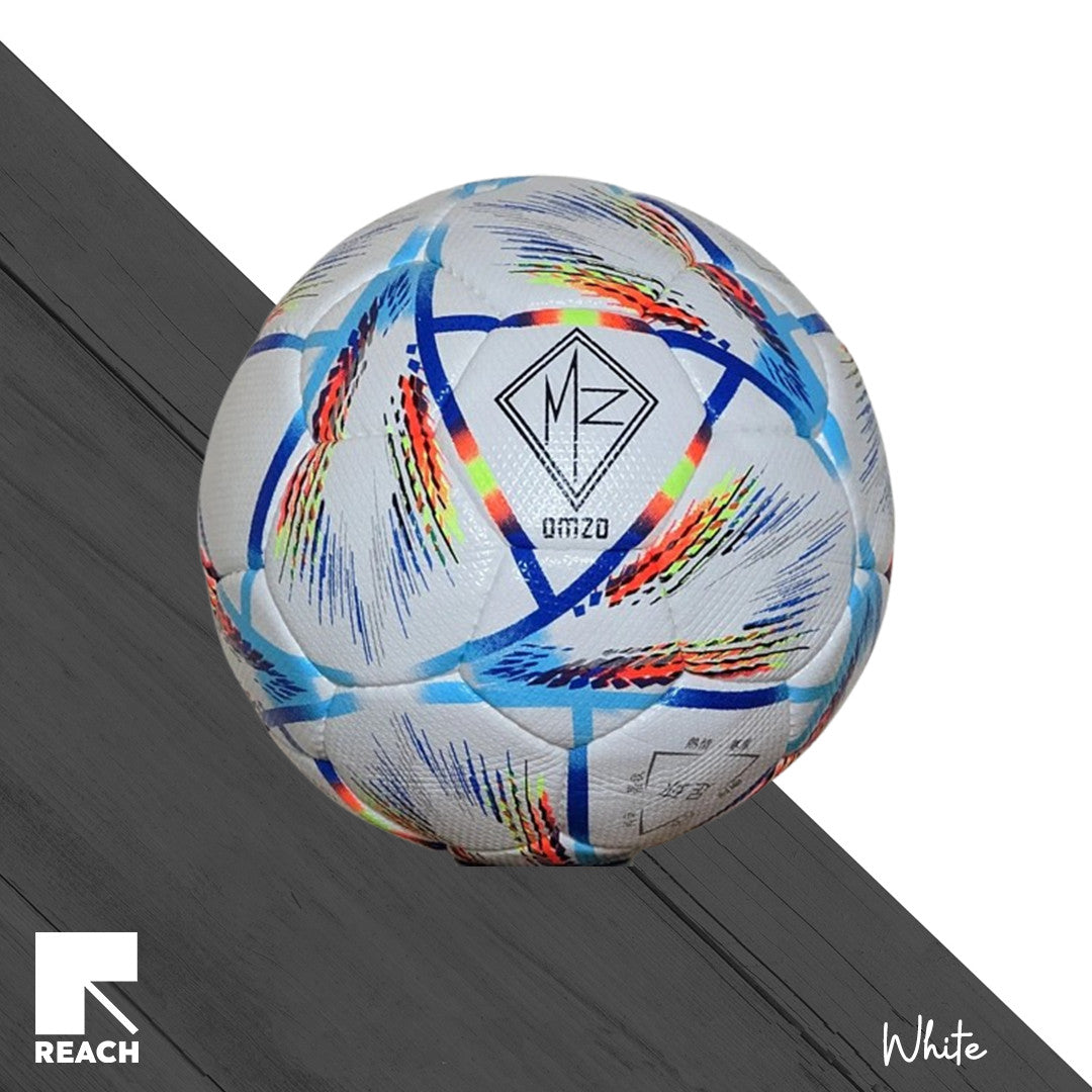 A white handcrafted football with geometric patterns and the lettera 'MZ' on it, set against a white background with a black and white diagonal gradient.