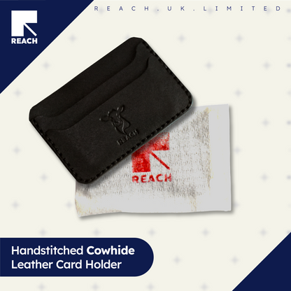 Handstitched cowhide leather card holder with Reach logo on a white background
