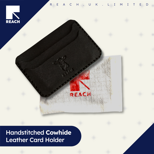 Handstitched cowhide leather card holder with Reach logo on a white background