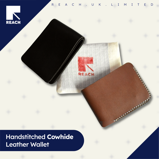 Handstitched cowhide leather wallets by Reach UK Limited on a light gray background.