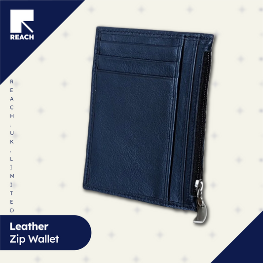 Navy leather zip wallet on a light gray background with 'REACH' branding.