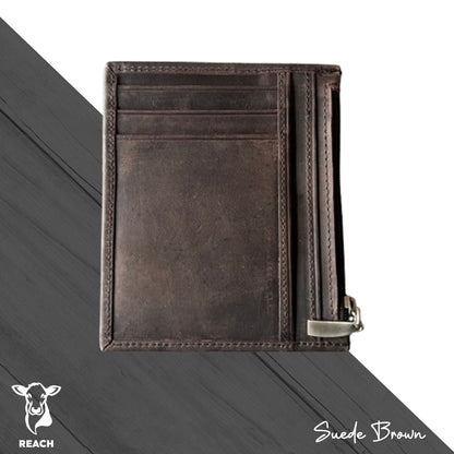 A closed suede brown leather zip wallet, on a grey background with a zippered section visible.