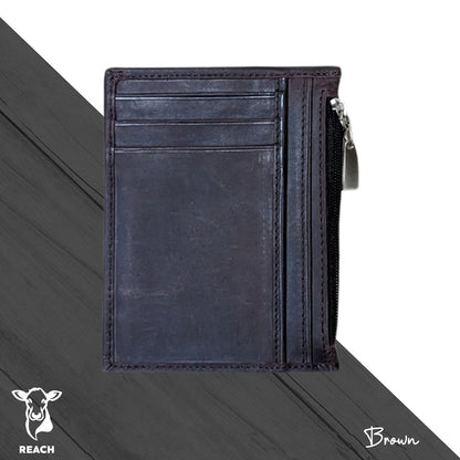 A dark brown leather zip wallet, on a grey background with a zippered section visible.