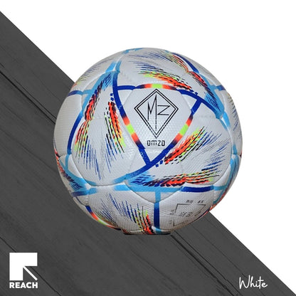 A white handcrafted football with geometric patterns and the lettera 'MZ' on it, set against a white background with a black and white diagonal gradient.